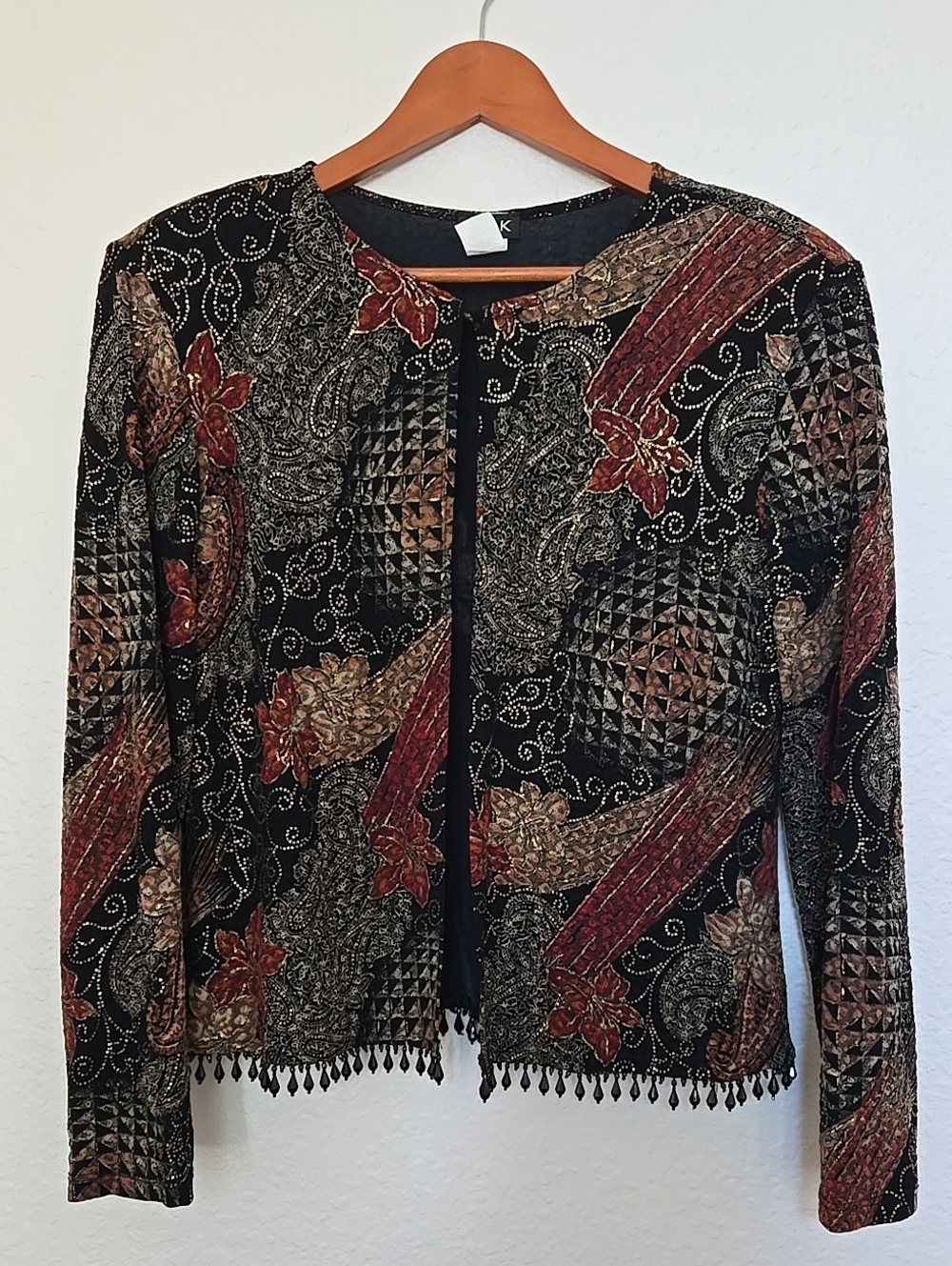 MSK Vintage Black Floral Bohemian Paisley Open-Front Cardigan with Bidded Hem